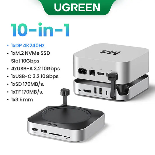 USB HUB Mac Mini Docking Station Type-C to DP 4K240Hz M.2 Nvme SSD Slot 10Gbps USB-A Splitter SD&TF 3.5MM for Mac Mini M4