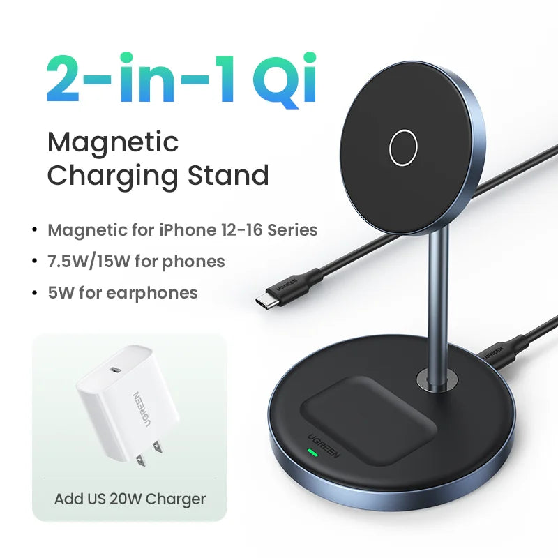 UGREEN Magnetic Wireless Charger Stand 20W Max 2-In-1 Charging Stand for Iphone 15 16 Pro Max/Iphone 14/Airpods Fast Charger