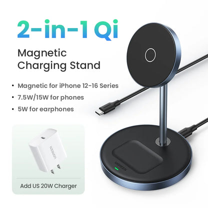 UGREEN Magnetic Wireless Charger Stand 20W Max 2-In-1 Charging Stand for Iphone 15 16 Pro Max/Iphone 14/Airpods Fast Charger