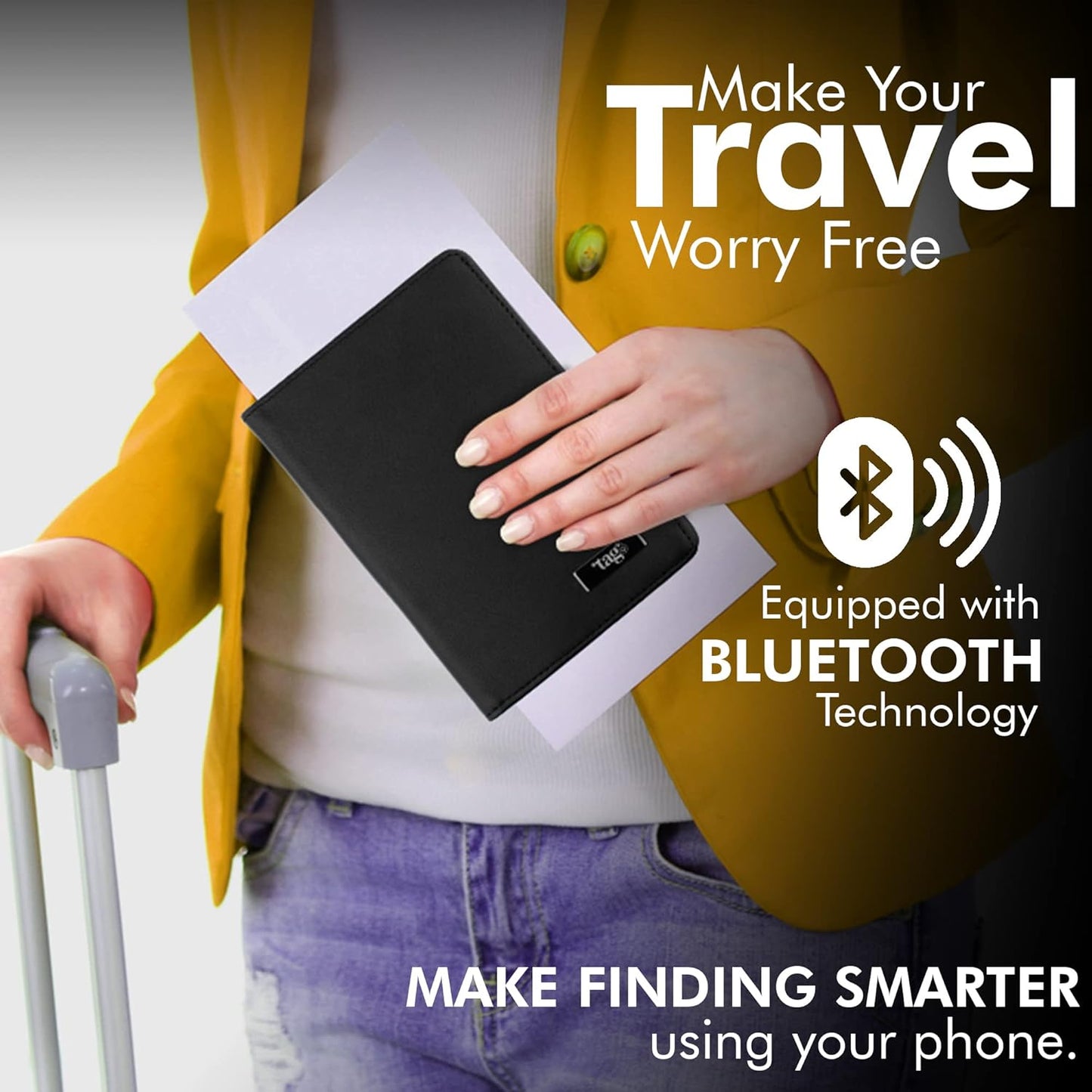 Smart Passport Holder Case (Black)- Genuine Leather with Anti- Theft Bluetooth Tracking, Separation Alert, Android and Ios Compatible