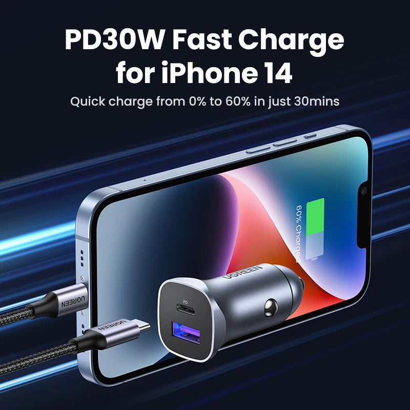 UGREEN Car Charger Type C Fast USB Charger for Iphone 15 14 13 Xiaomi Car Charging Quick 4.0 3.0 Charge Mobile Phone PD Charger