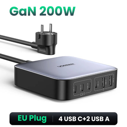 200W Gan Charger Desktop Laptop Fast Charger 6 in 1 Adapter for Iphone 16 15 Pro Xiaomi Samsung Tablets Macbook Charger