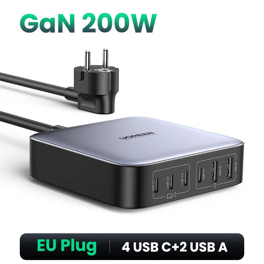 200W Gan Charger Desktop Laptop Fast Charger 6 in 1 Adapter for Iphone 16 15 Pro Xiaomi Samsung Tablets Macbook Charger