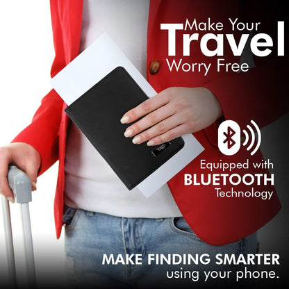 Smart Passport Holder Case (Black)- Genuine Leather with Anti- Theft Bluetooth Tracking, Separation Alert, Android and Ios Compatible