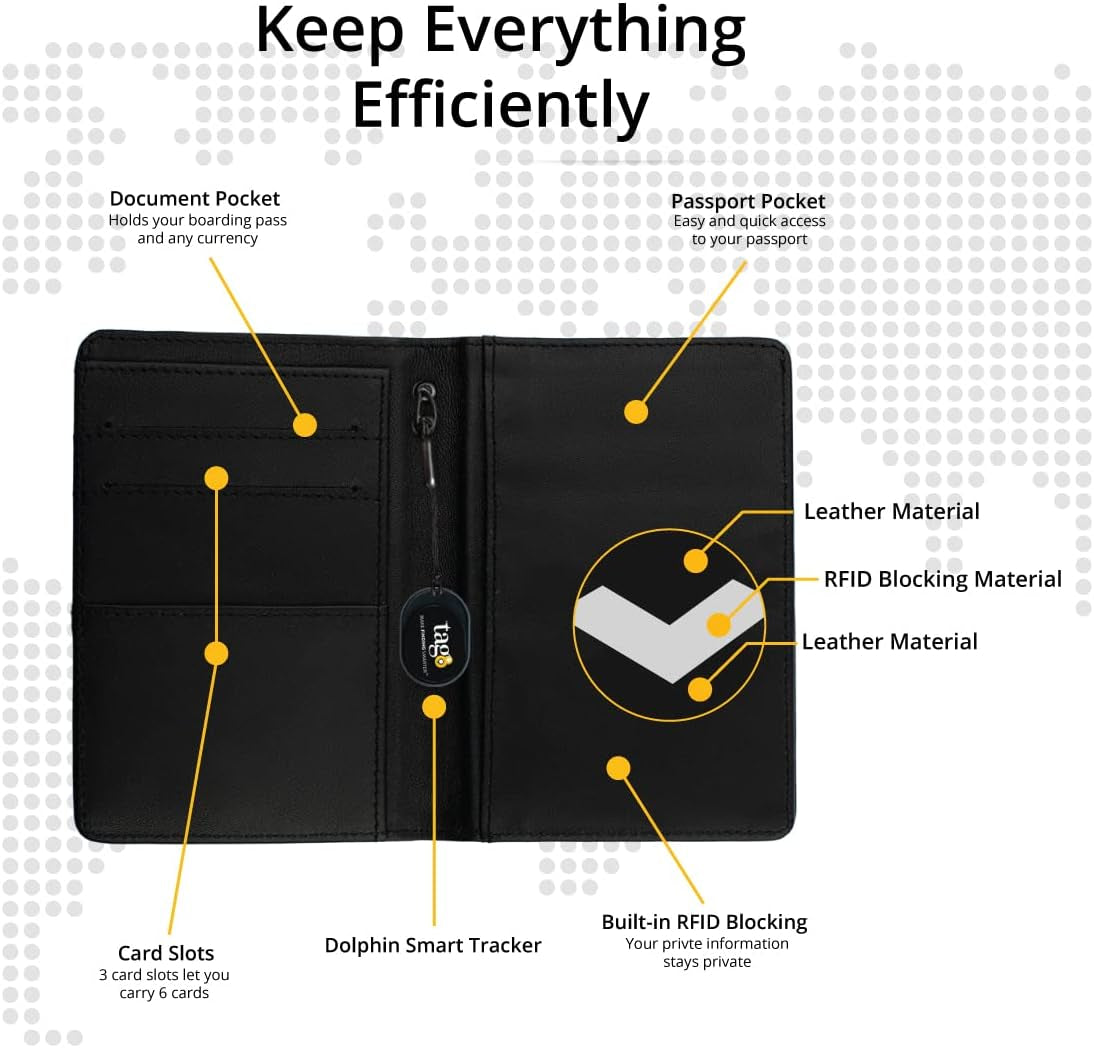 Smart Passport Holder Case (Black)- Genuine Leather with Anti- Theft Bluetooth Tracking, Separation Alert, Android and Ios Compatible