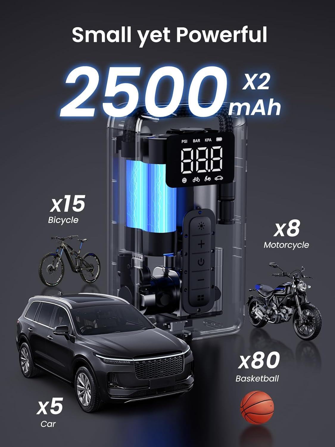 Tyre Inflator Portable Cordless Electric Air Pump 150PSI Auto-Off Car Tyre Pump with LED Light Digital Gauge for Accurate Pressure Readings for Cars, Motorcycles, Balls, All Bicycles, Etc