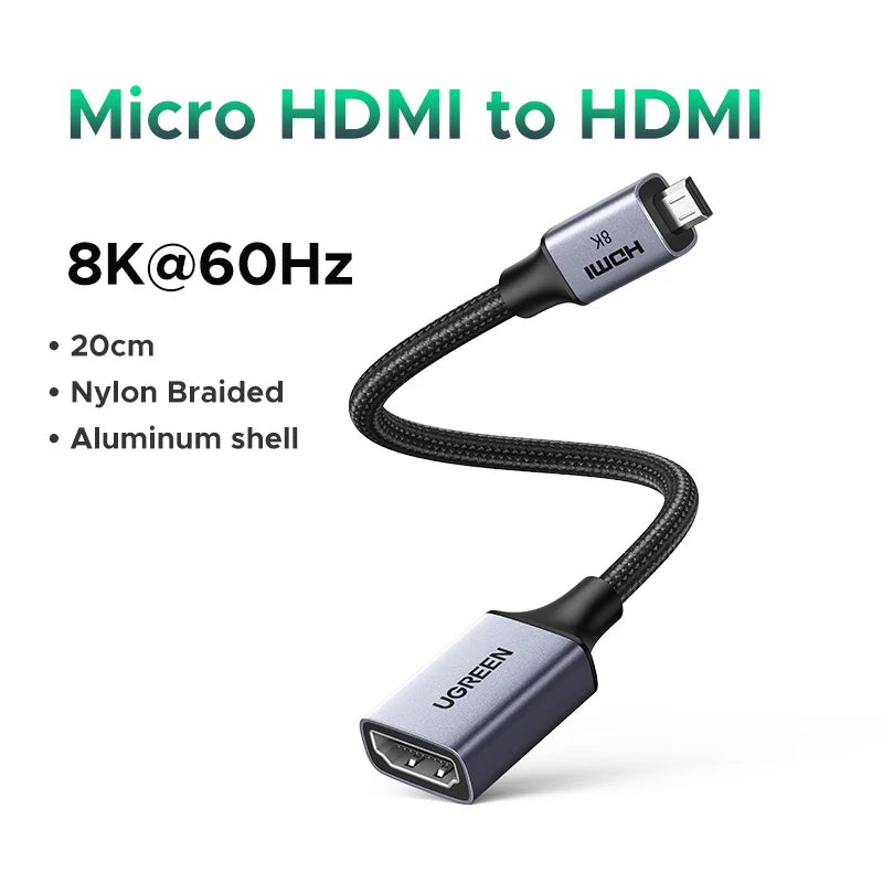 Micro HDMI to HDMI Adapter 8K 60Hz 3D for Gopro Hero 7 Raspberry Pi 4 Sony Nikon with Braided HDMI Cable