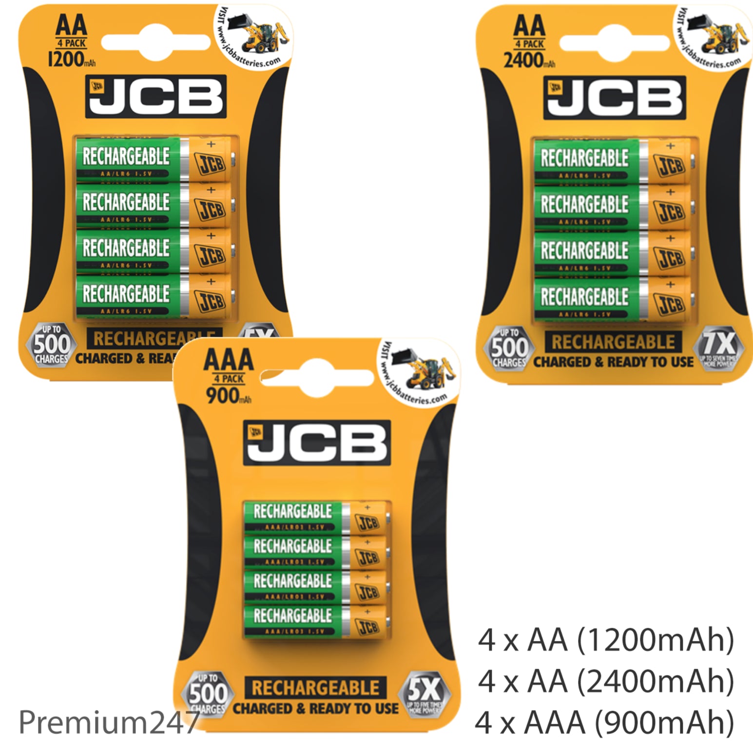 JCB Rechargeable Batteries AA AAA Nimh Pre Charged 1200 2400 900Mah NEW UK