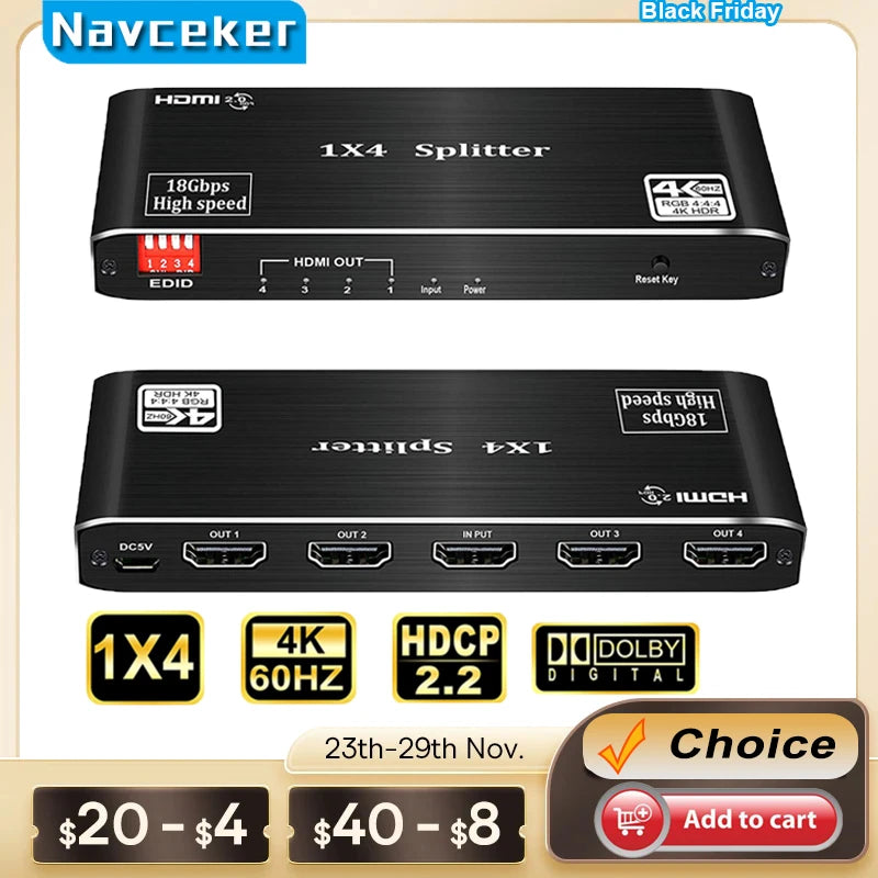 2023 Best HDMI Splitter 1X2 HDMI 2.0 Splitter 4K HDMI Video Audio Splitter Support 3D HDR 4K 60Hz Splitter HDMI 1X4 for Laptop