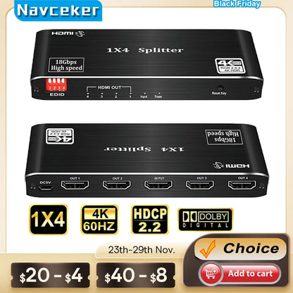 2023 Best HDMI Splitter 1X2 HDMI 2.0 Splitter 4K HDMI Video Audio Splitter Support 3D HDR 4K 60Hz Splitter HDMI 1X4 for Laptop