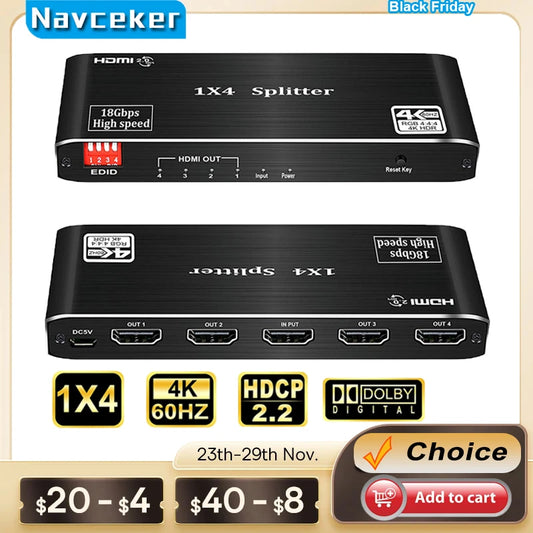 2023 Best HDMI Splitter 1X2 HDMI 2.0 Splitter 4K HDMI Video Audio Splitter Support 3D HDR 4K 60Hz Splitter HDMI 1X4 for Laptop