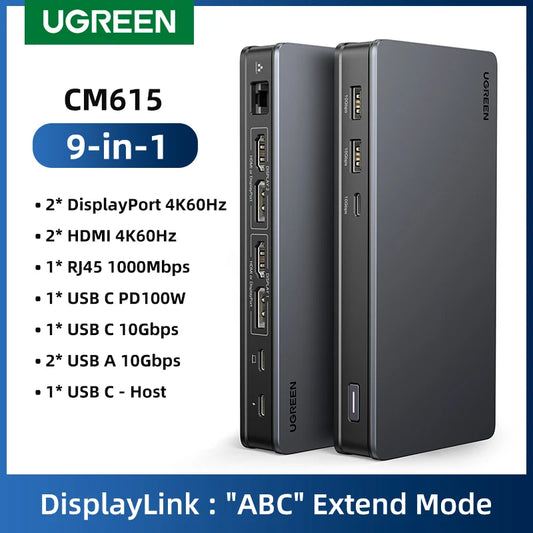USB C HUB Docking Station Displaylink 9-In-1 2DP 2HDMI Dual 4K@60Hz for Macbook Windows 10Gbps PD100W Gigabit RJ45 Ports