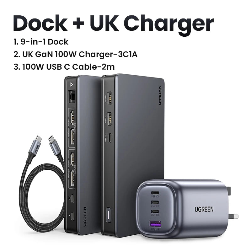 USB C HUB Docking Station Displaylink 9-In-1 2DP 2HDMI Dual 4K@60Hz for Macbook Windows 10Gbps PD100W Gigabit RJ45 Ports