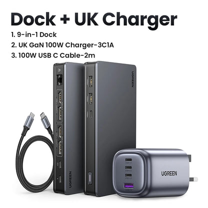 USB C HUB Docking Station Displaylink 9-In-1 2DP 2HDMI Dual 4K@60Hz for Macbook Windows 10Gbps PD100W Gigabit RJ45 Ports