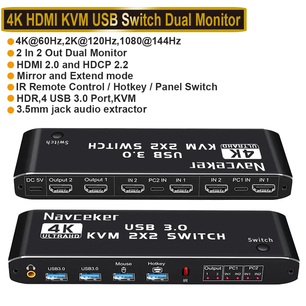 2X2 HDMI KVM Switch Matrix 4K 60Hz Dual Monitor KVM HDMI Extended Display USB KVM Switcher 2 in 2 Out for 2 Computers 2 Monitors