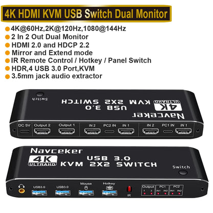 2X2 HDMI KVM Switch Matrix 4K 60Hz Dual Monitor KVM HDMI Extended Display USB KVM Switcher 2 in 2 Out for 2 Computers 2 Monitors
