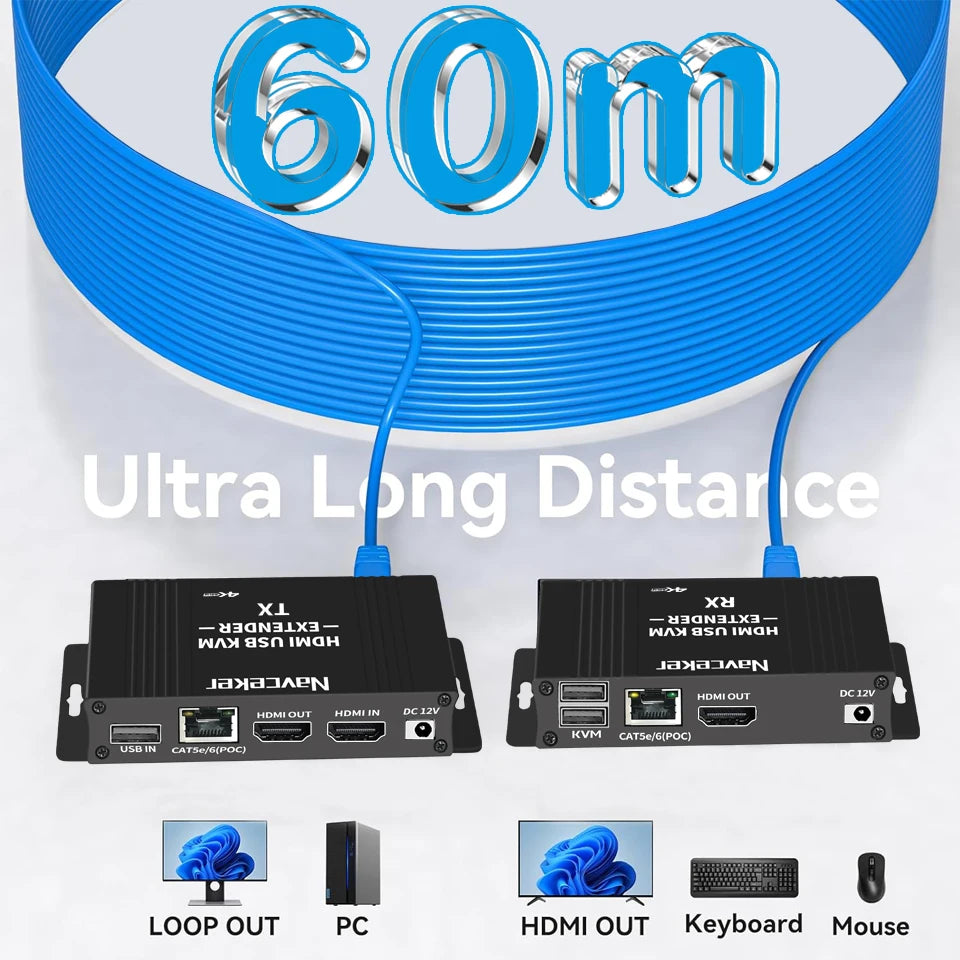 4K 60Hz HDMI USB KVM Extender over Ethernet CAT6 RJ45 1080P 60 Meters Extender KVM Splitter HDMI for Mouse Keyboard PC