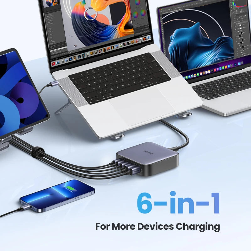 200W Gan Charger Desktop Laptop Fast Charger 6 in 1 Adapter for Iphone 16 15 Pro Xiaomi Samsung Tablets Macbook Charger