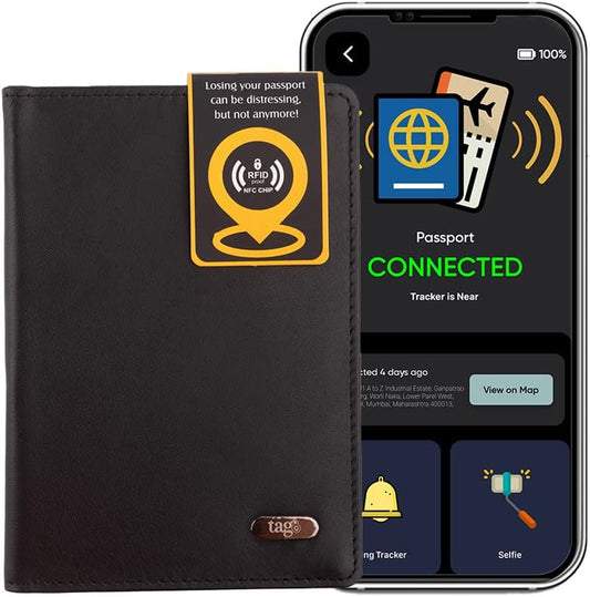 Smart Passport Holder Case (Black)- Genuine Leather with Anti- Theft Bluetooth Tracking, Separation Alert, Android and Ios Compatible